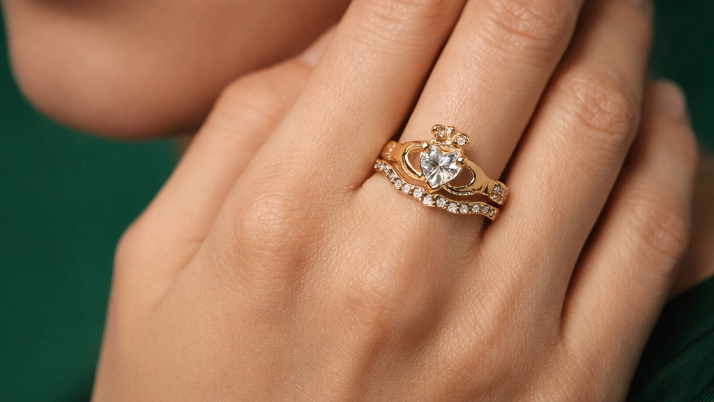 Close-up of a hand wearing a gold ring with a heart-shaped diamond on a green background