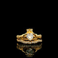 Gold Claddagh Ring Set from front view – classic Irish design featuring heart, hands and crown by ONA Jewellers