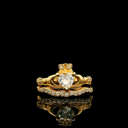 Gold Claddagh Ring Set from front view – classic Irish design featuring heart, hands and crown by ONA Jewellers