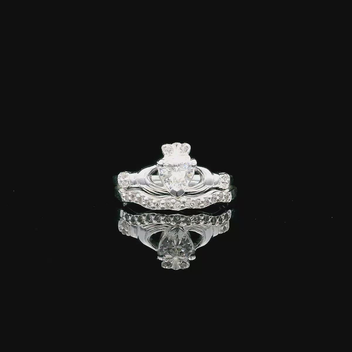 360-degree video thumbnail of Sterling Silver 2-Piece Claddagh Ring Set with CZ stones – handcrafted Irish jewellery by ONA Jewellers