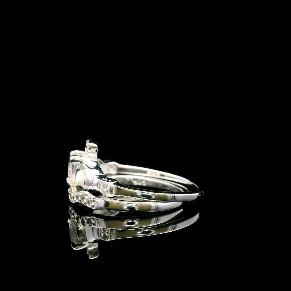 Side view of Sterling Silver 2-Piece Claddagh Ring Set with CZ stones – elegant Irish heritage jewellery by ONA Jewellers